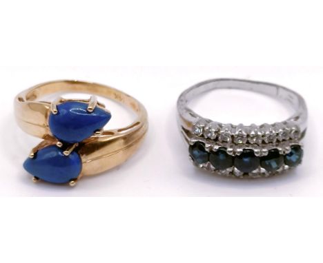 A 14ct gold and blue hardstone ring, ring size P, and a silver and blue and white stone ring, ring size P (2)