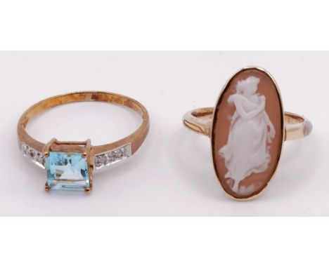 A 9ct gold and cameo ring, ring size K, and a 10ct gold, white and blue stone ring, ring size P (2)