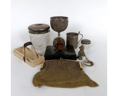 A silver coloured metal wager type cup and other items (box)