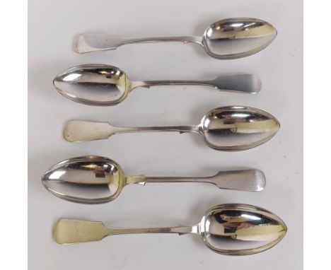 A set of five Scottish silver fiddle pattern tablespoons, Edinburgh 1860, 11.9 ozt