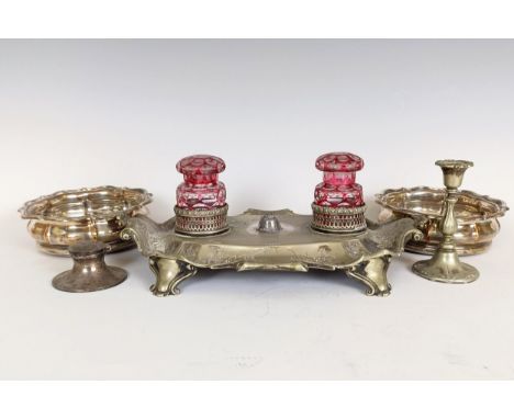 A Victorian silver plated desk stand, with cased glass inkwells, a pair of bottle coasters and assorted silver plated cutlery