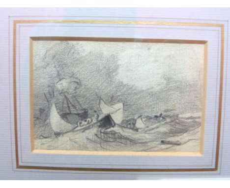 British, 19th century, two seascape sketches; one a boat with figures by the shore, the other in a heavy swell at sea, chalk 