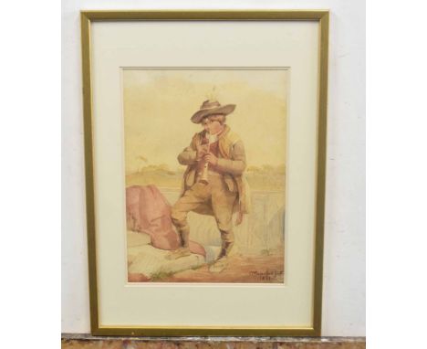 Cecilia Melanie Beresford (B19C), A portrait of a young man playing a pipe. Watercolour, signed. Approx 11x8 inches.