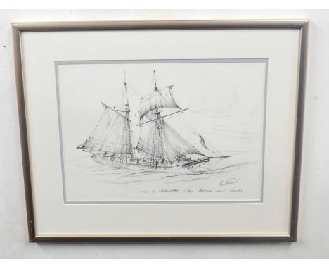 Kenneth Grant (British 20C), A sketch of a tallship or Schooner . Pencil on paper, signed and inscribed.. Approx 11x16 inches