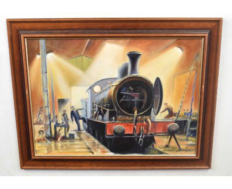 Kenneth Grant (British 20C), A steam engine in a rail yard. Oil on canvas, signed. Approx 15.5x21.5 inches.