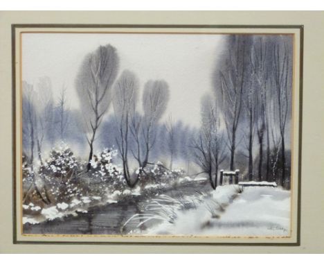 Peter Solly (British 20C), 'Sluice Gate, Corpusty' and 'Winter at Corpusty'. Watercolour on paper (X2), signed. Approx 7.5x9i