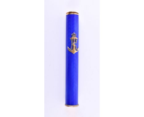Zigarrenetui RusslandSilber, vergoldet, Diamanten und Rubine, blaue Guilloche-Emaille, als Wappen gekrönter Anker mit Initial