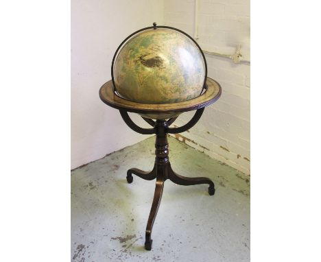 TERRESTRIAL GLOBE, Regency style 19 inch by Georama on a turned mahogany column with downswept and spade feet, approx 110cm H