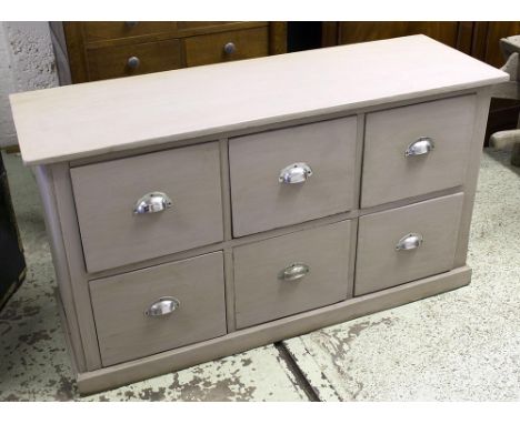 CHEST, English vintage grey painted with six drawers, 71cm H x 44cm D x 130cm W. 