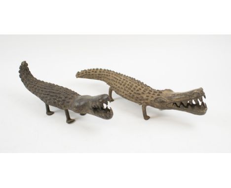 TRIBAL ARTS, two bronze crocodiles, Bobo people, Burkina Faso, 32cm L and 39cm L. (2)