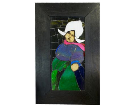 STAINED GLASS PANEL, vintage stained and coloured glass depiction of Dutch girl in costume, 61cm x 37cm.