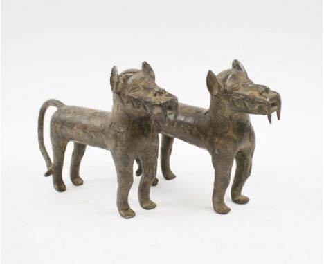 LOBI BRONZE LEOPARD SCULPTURES, two similar, Burkino Faso, with concentric circle cast detail, each 30cm L x 17cm H max. (2)