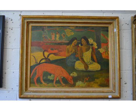 Female Figures Seated Beneath a Tree with a Dog oleograph, in a decorative frame.
