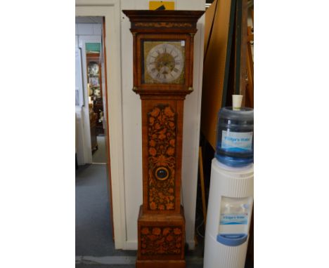 A good William and Mary marquetry longcase clock with eight-day movement, brass square shaped dial with silvered chapter ring