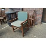 A pair of hardwood garden armchairs (one disassembled).
