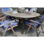 A hardwood patio table.