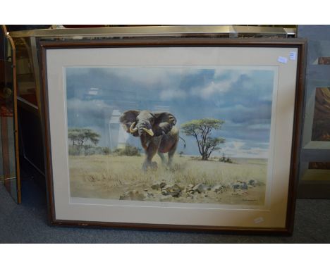 Donald Grant "The Charge" colour print depicting a bull elephant, pencil signed.