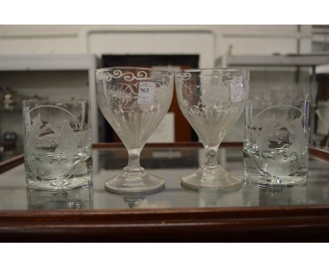 A pair of 19th century cut glass ale glasses engraved with initials, together with a pair of whisky glasses engraved with a b