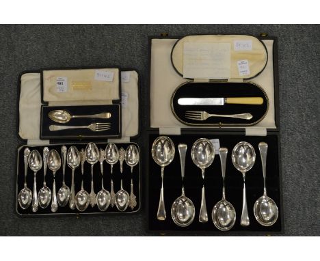 A cased set of six silver soup spoons and various other part sets of silver cutlery.