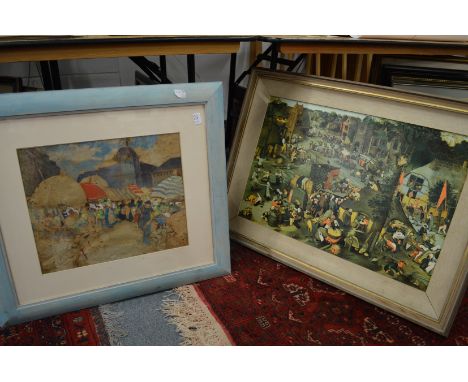 A market scene watercolour and a print after Bruegel.