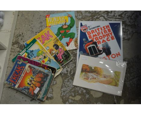 Old comics, reproduction enamel motoring sign and motoring prints.