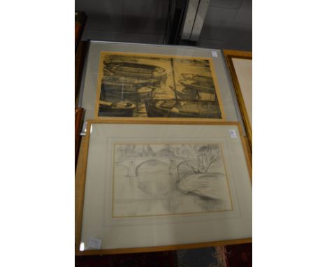 Catherine Sinclair pencil drawings and a lithograph of boats.