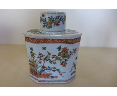 A Chinese 18th century porcelain tea-caddy and cover decorated with Prunus and birds in a red and green glaze, height 11cm - 