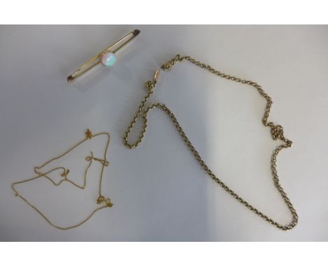 Two 9ct necklaces and an opal brooch, total weight approx 7 grams - one broken 