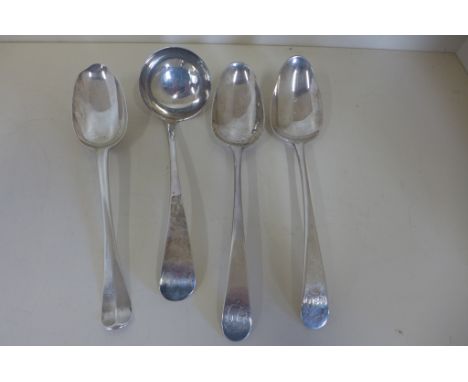 Three 19th Century silver spoons, and a Georgian Scottish ladle, total weight approx 7.7 troy oz 