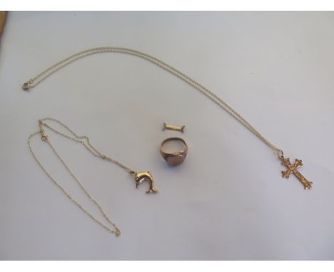 A 9ct gold ring, and two 9ct gold pendants on chains, approx total 11.8 grams 