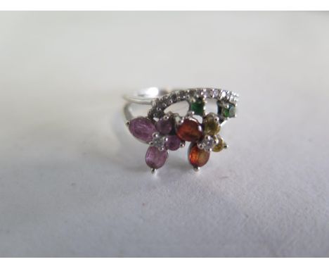 A multi gem and diamond, 18ct white gold ring, size K, approx 4 grams, generally good