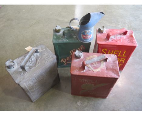 Three vintage shell petrol cans, a vintage Redline can and a Fina oil can - three repainted general denting to all 