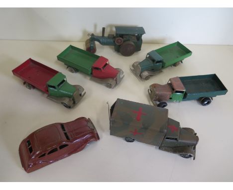 Seven tinplate Minic clockwork vehicles, three repainted, some missing tyres, one key, please see images for condition, all r