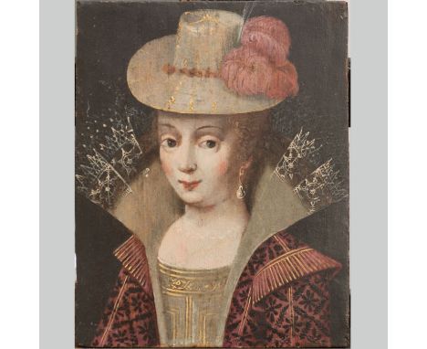 French artist around 1600. Portrait of elegant lady with feather hat and court dress. Oil on oak panel. 25.5 x 20 cm.