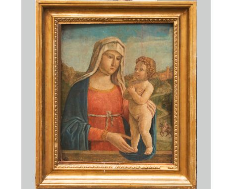 Giovanni Battista Cima da Conegliano (1459 – 1517) – Circle. Maria with Child in landscape. Tempera on oil on wooden panel. F