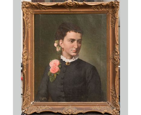 Dominik Skutezky(1849-1921)-attributed, portrait of a lady with roses, oil on canvas, signed bottom left, framed, 60 x 50 cm