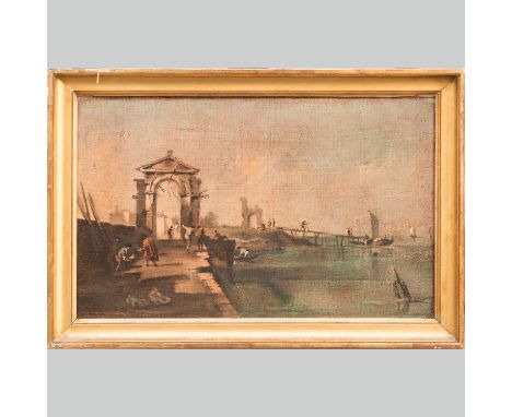 Francesco Guardi (1712 – 1793) – Follower. Capriccio with arch and boats. Oil on canvas. Framed. On the reverse old descripti