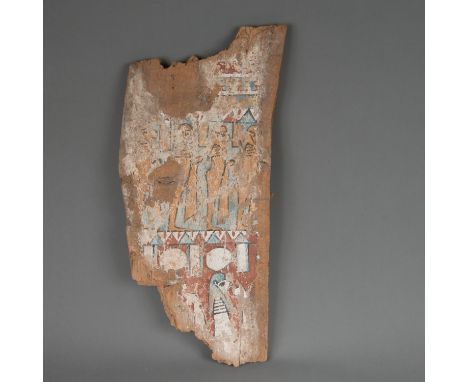 Egyptian panel latte Dynasty . Painted in multicolors with figures and ornaments on wood… 52 x 25 cm. 