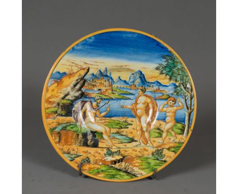 Urbino ceramic dish. Hercules – Onphale and Amor in landscape painted in multicolours with deepened centre. Glaced. On the ot