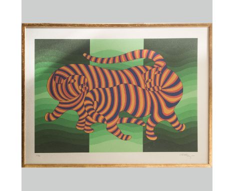 Victor Vasarely (1906-1997)-graphic, op art design, two tigers, art print on paper, signed bottom right and numbered, framed 