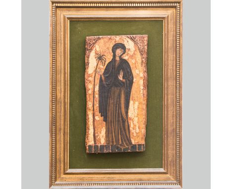 Theophanes the Greek (1340-1410)-manner., Portrait of female Saint in front of a palm. Tempera on gold ground. Damages, old r