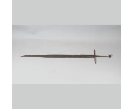 Celtic iron sword, picked and fluted blade handgrip with finial rusty possible earth found . 125 cm long 