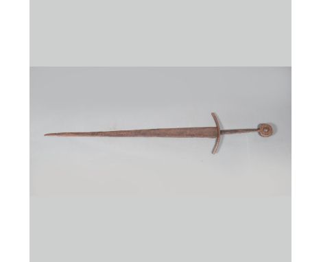 Celtic Sword, with picked and canted blade , handgrip with round finial , rusty , possible earth found. 117 cm long 