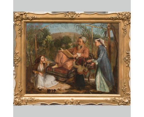 John Frederick Lewis (1804-1876)-attributed, Oriental family in the garden in front of a hill with ancient monuments, oil on 