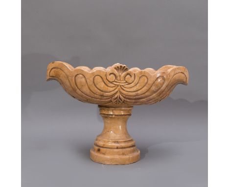 Italian stone centre piece, oval curved and bowed basin with round fluted column stand , deeply sculpted Baroque ornaments in