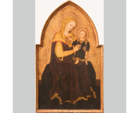 Master of the Strauss Madonna (1385-1415)-manner, Madonna with Child. Seated with rich folded clothes. Halo on tempera or oil