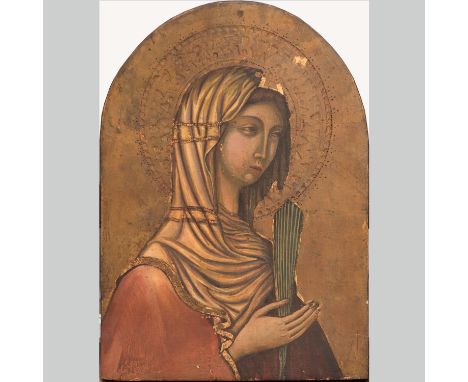 Ambrogio Lorenzetti (1290-1348)-school, Portrait of a female Saint. Tempera on wooden panel with traces of old ground partly 