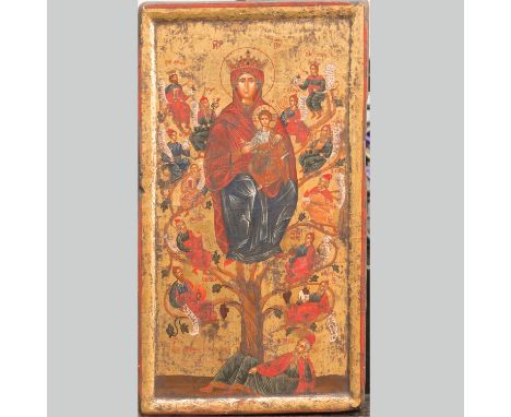 Greek icon. Maria with Child and the tree of Jesse. Oil on gold ground on wooden panel. 19th Century. 63 x 35 cm.