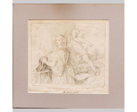 Artist 18th Century. Portrait of a lady in landscape with Amor. Black chalk on paper. Described and signed on the bottom in b