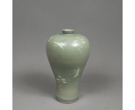 Korean Ceramic Vase, baluster shape with short neck, grey, black, yellow and white painted birds and clouds on green ground, 